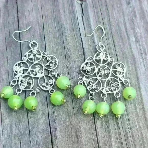 Vintage Jewelry - Vintage silver tone green gemstone beads earrings
